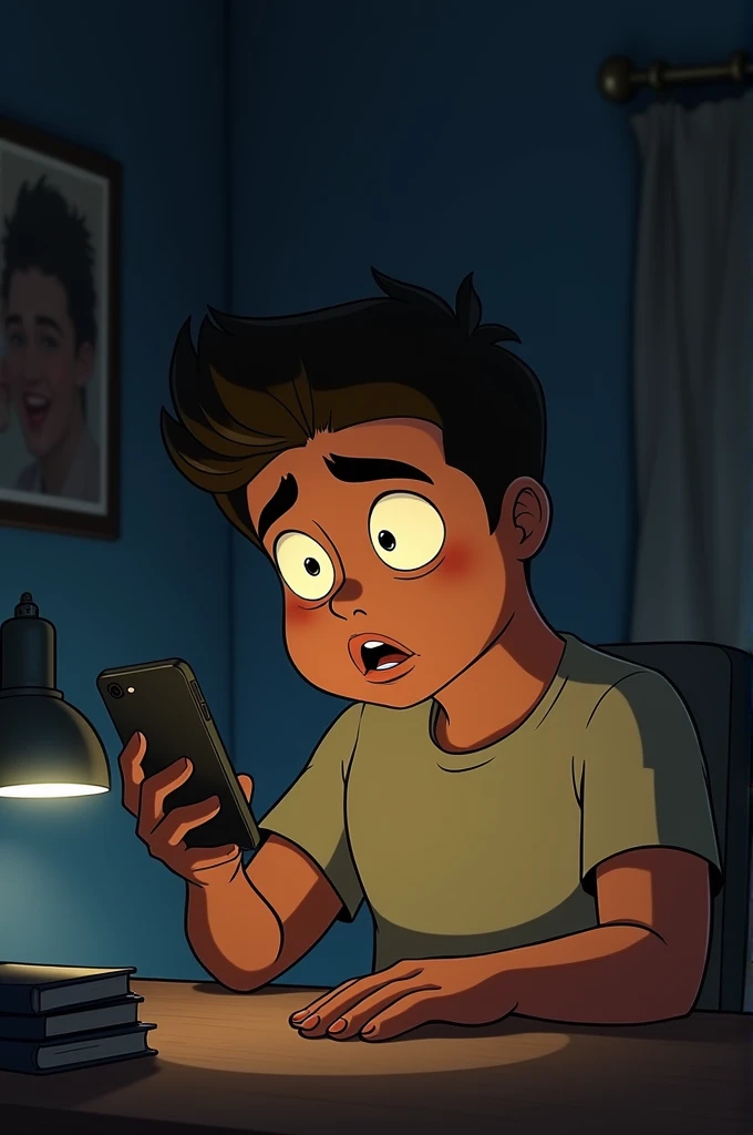 more animated drawings, with the protagonist a little chubby face**Scene 1:**
- **General plan**: Geraldo sitting in his room, The environment is dark., with a dim light illuminating Carlinha's photo on the table.
- **Detailed Plan**: Phone on the table starts ringing, vibrating silently.
- **medium shot**: Geraldo answers the phone, with an expression of shock and confusion, looking at the cell phone screen that shows an unknown number.
--
