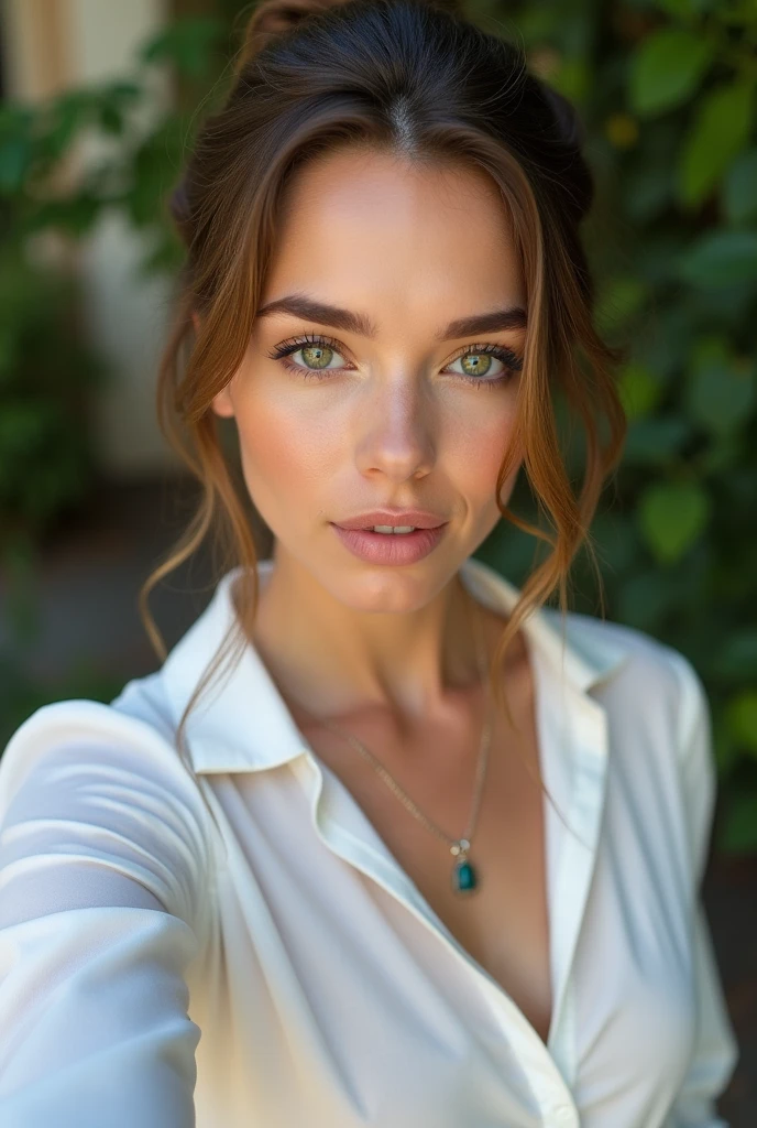 Arafed woman with white blouse and necklace, Sexy girl with green eyes, Retrato Sophie Mudd, brown hair and tied up. eyes large, selfie of a young woman,  Setting of a garden, violet myers, no-makeup, Make-up natural, looking directly at the camera, guy with artgram, subtle makeup, Superbe photo du all-body, piercing green eyes, bel angle, Attractive posing, Beautiful girl, pose sexy, Image du all-body, all-body, Prise de vue du all-body, brunette goddess, high détail, satisfied pose, leather pants, playing with dog