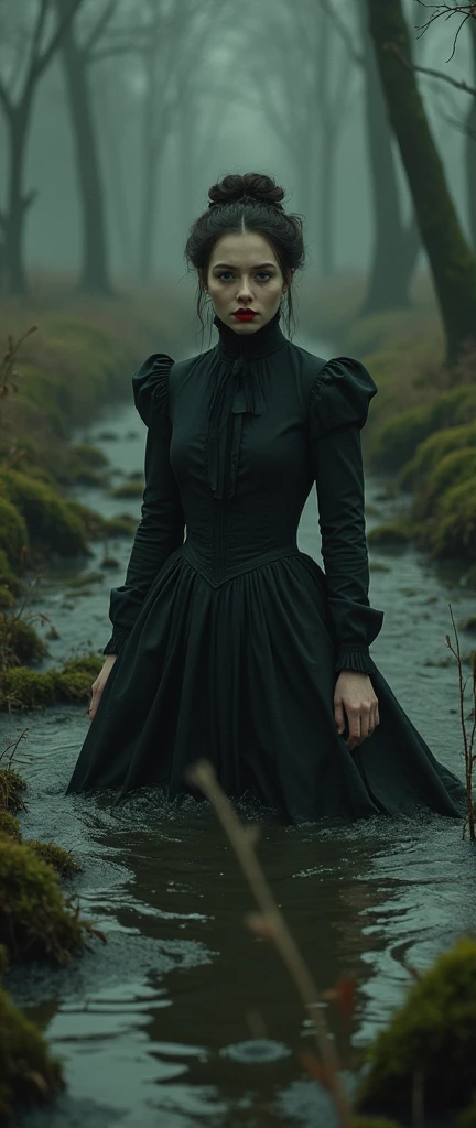 19 century setting, drama, stuck in bog,detailed short high-neck closed dress, high-neck dress, aristocratic cut, stockings with garters, red lips, goth, aristocratic behaviour