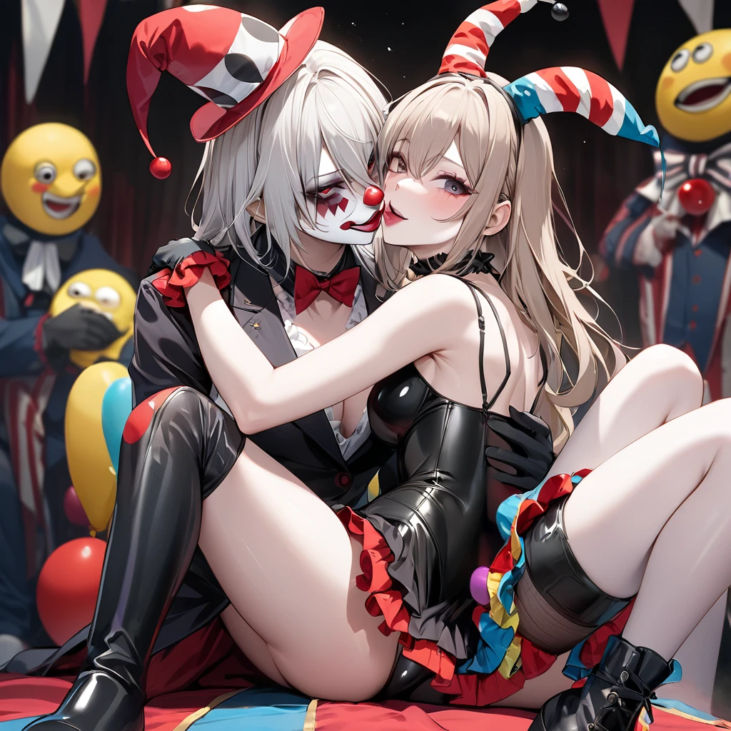 ((Highest quality)), ((masterpiece)), (detailed), (Perfect Face)、The woman is Yuuki Asuna, with light brown, medium-long hair and pure white skin.、The woman is an evil clown wearing a risque black rubber V-neck leotard, long black rubber boots, long black rubber gloves, lots of frills and clown decorations, a clown collar, a clown jester hat, a swallowtail skirt, and makeup on her clown face and red nose.、The woman is a wicked and lewd clown, a minion of an evil organization.、The evil circus leader and the woman embrace, kiss and have sex、The woman is the leader's wife and they become a loving clown couple.