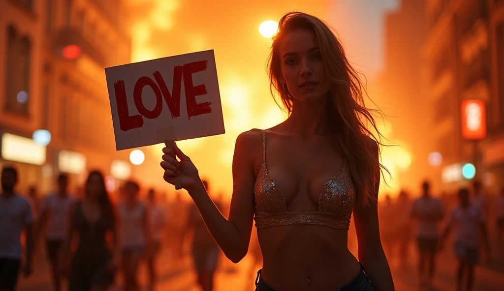 (BURNING CITY IN THE BACKGROUND) violent ultra hot gorgeous European women. Age 23. large breast, 95Dd breast size. cleavage. protesting holding signs saying; LOVE.