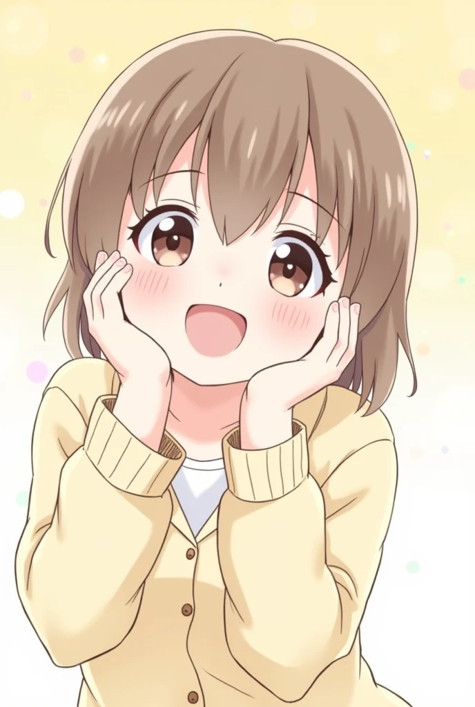 femele,Soio,japanes,Round eyes,lightly dressed,Smiling,Bright background,kawaii,Charming,natural make up,the shape of your mouth when you smile,Natural hand shape,Not seen