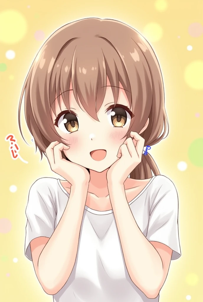 femele,Soio,japanes,Round eyes,lightly dressed,Smiling,Bright background,kawaii,Charming,natural make up,the shape of your mouth when you smile,Natural hand shape,Not seen