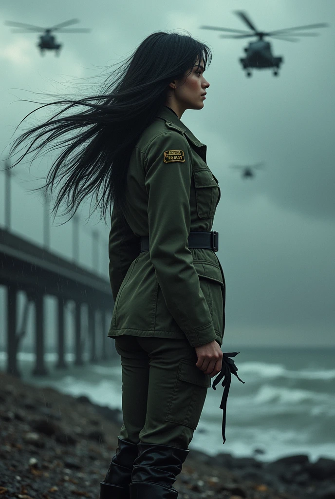 A 30-year-old woman with long black hair wearing military uniform.,Boots， trousers，high-heel boots，full-body shot，side，War Background，seaside，Iron bridge, Helicopters，Dark clouds sky，Science Fiction, dark的心情, full-body shot片，War atmosphere，Excellent detail，full-body shot片，Film Style，Soviet era，dark，Depressing atmosphere，In the wind and rain