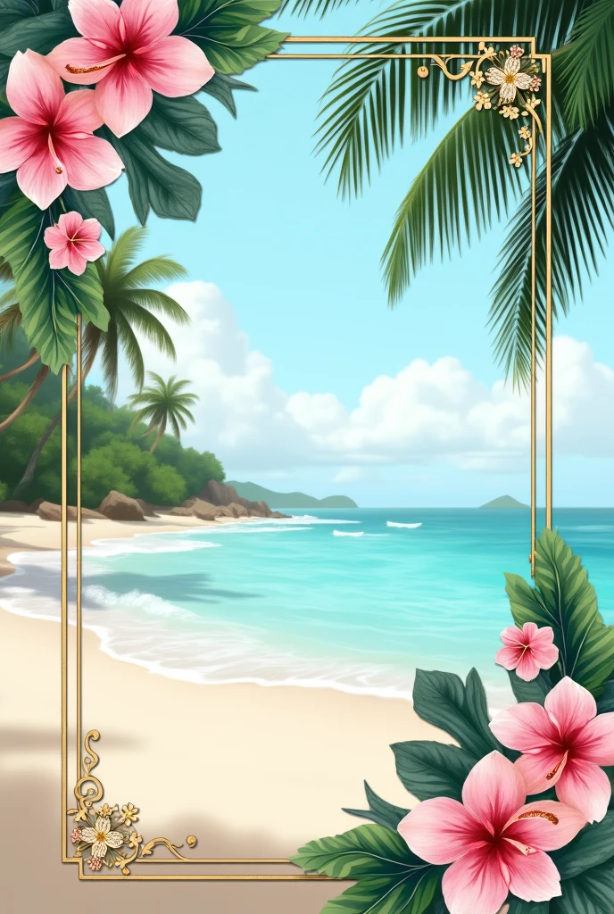 wedding invitation with sea and tropical flowers