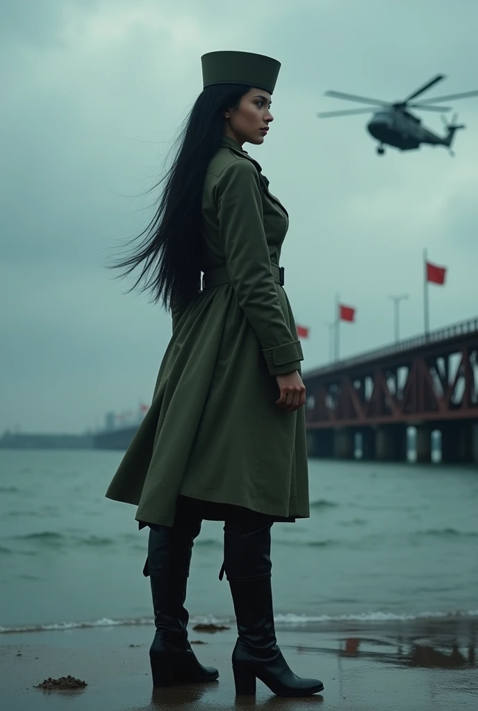 A 30-year-old woman with long black hair wearing military uniform.,Boots， trousers，high-heel boots，full-body shot，side，War Background，seaside，Iron bridge, Helicopters，Dark clouds sky，Science Fiction, dark的心情, full-body shot片，War atmosphere，Excellent detail，full-body shot片，Film Style，Soviet era，dark，Depressing atmosphere，In the wind and rain