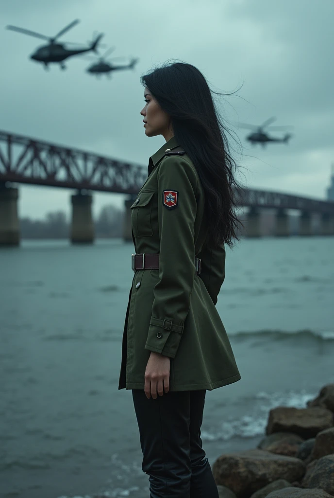 A 30-year-old woman with long black hair wearing military uniform.,Boots， trousers，high-heel boots，full-body shot，side，War Background，seaside，Iron bridge, Helicopters，Dark clouds sky，Science Fiction, dark的心情, full-body shot片，War atmosphere，Excellent detail，full-body shot片，Film Style，Soviet era，dark，Depressing atmosphere，In the wind and rain