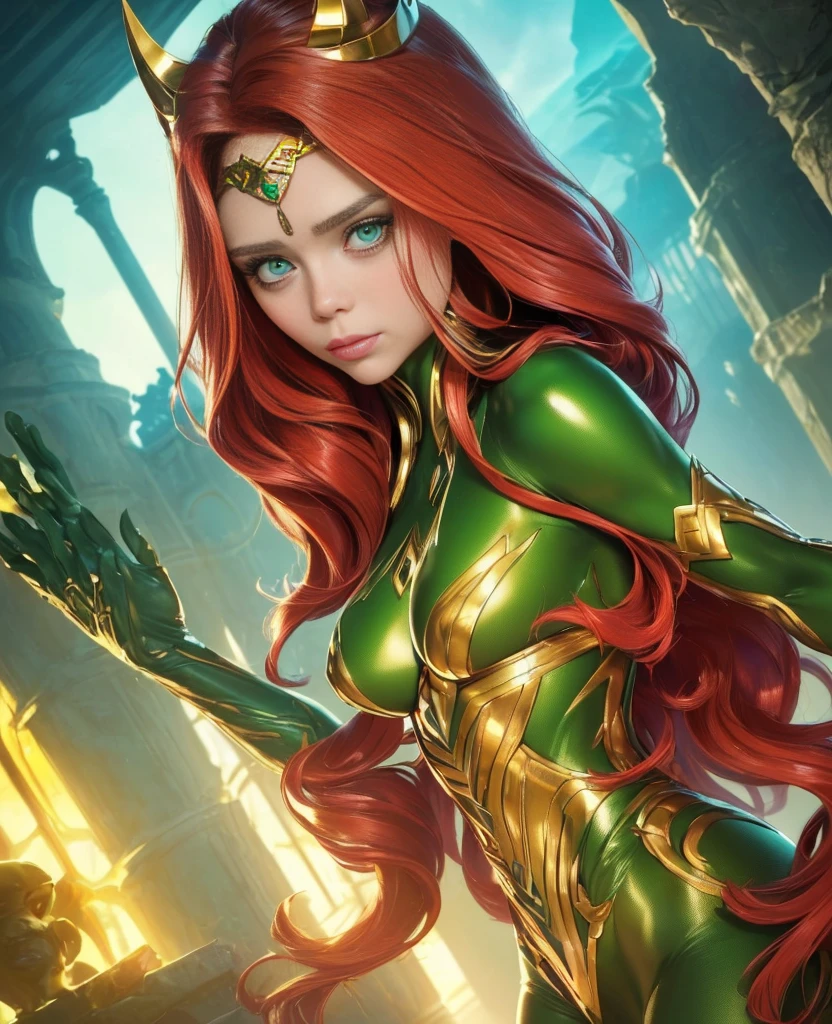 (((, strong, attractive, sexy, powerful, tan skin ELIZABETH OLSEN,)))( red hair wavy, bangs, long hair, (green eyes, statuesque oblong-shaped face, vivacious eyes, tone, long,) character shot (masterpiece), (ultra-detailed), (perfect detaill, fine and beautiful), beautiful face, beautiful eyes, (detailed face, detailed eyes), detailed lip, shiny skin, oil skin, shiny hair, sense of depth, depth of field, dynamic angle, scenery, dramatic lighting, volumetric lighting, golden hour, dangerous::2,(science ,fantasy),((magic, futuristic fantasy)) gold crown on her head, skin tight green bodysuit with gold trim, queen of atlantis, by the ocean