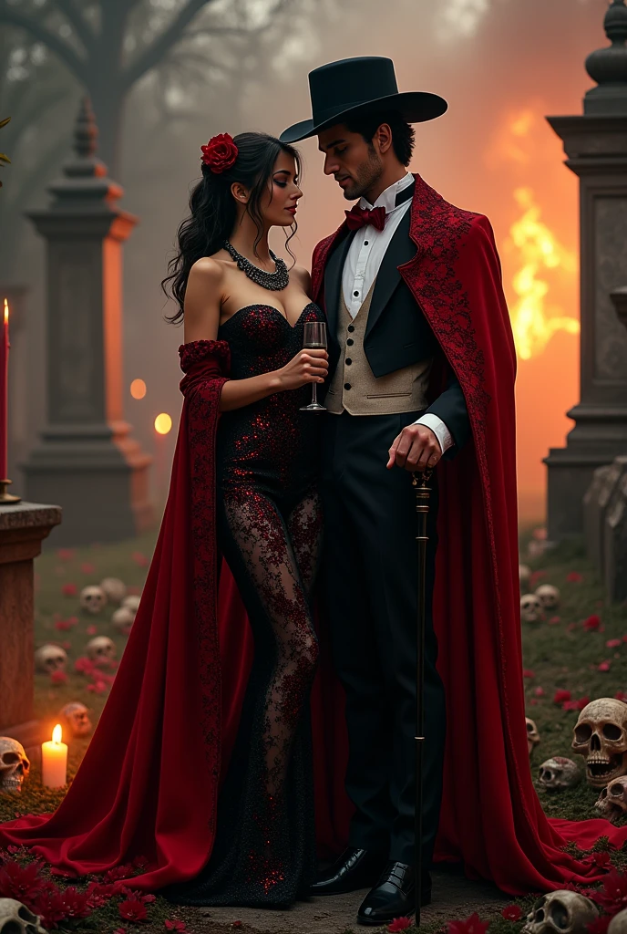Beautiful woman and man, sexy glitter dress, red and black cape, glass of champagne, candles, cemetery, fire, calaveras, whole body, necklaces, Red eyes, man with an old hat, walking stick, smile , whisky, white men's clothing, Red eyes