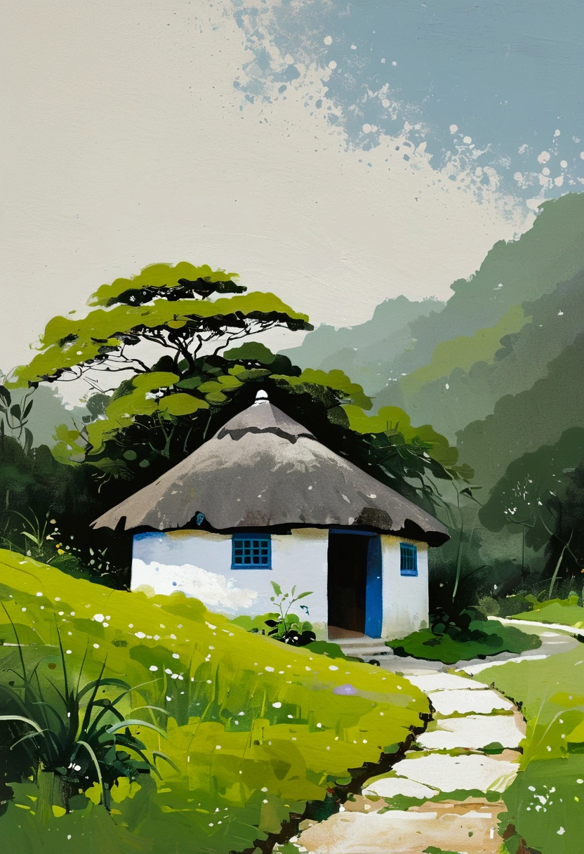 Fluid smudge painting,Dot,A small thatched hut on a winding path,Minimalism。(((Negative Space,Large area of blank, Bottom left corner composition)))