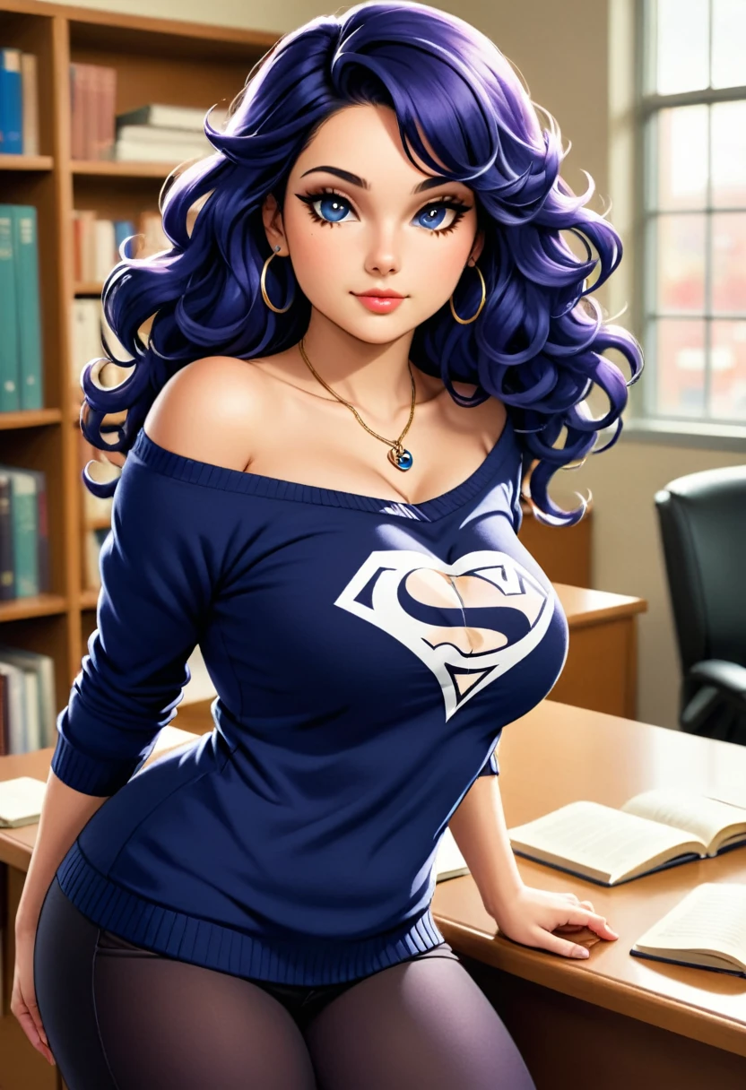 (best qualityer, high resolution, ultra detali, realisitic:1.37), conceptual artwork , Beautiful Nerd Woman,model t-shirt print nerd culture plus-size breasts big butt leaning over, navy blue high school sweater falling off the shoulder, neckleace, extremely sexy, seducer, Loose curly hair , Delicious lips, comic book art, rough colored sketch, swirly vibrant colors, soft lighting image in the background high school.