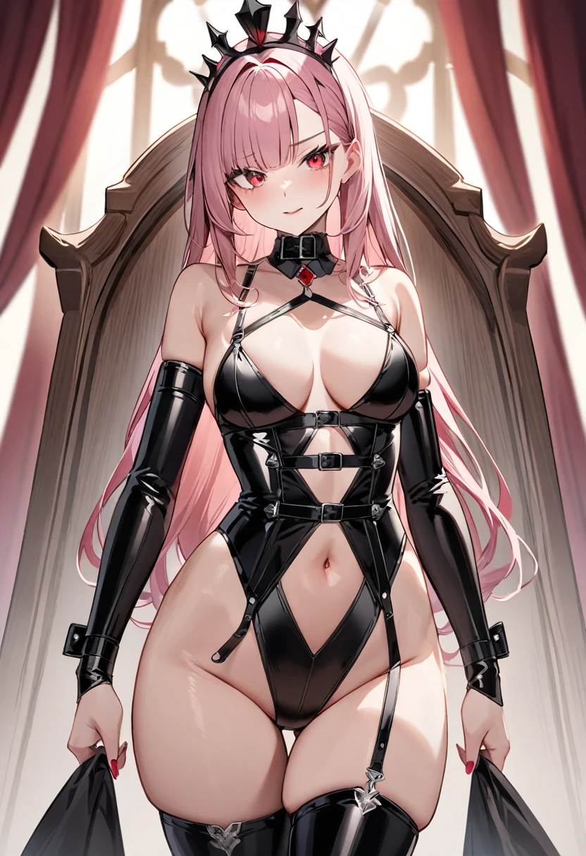 (masterpiece, top quality, very aesthetic, 4k、illustration), intricate detail, 1woman,solo,contrapposto 、Strong glowing eyes、,(upper body)、 sleepy、(bdsm、Erotic),beautiful face、(fluorescence pink gradient hair)、multicolored hair,hair ribbon,middle hair,sidelock ,red eyes、SM Queen、dominatrix、medium breasts、 、