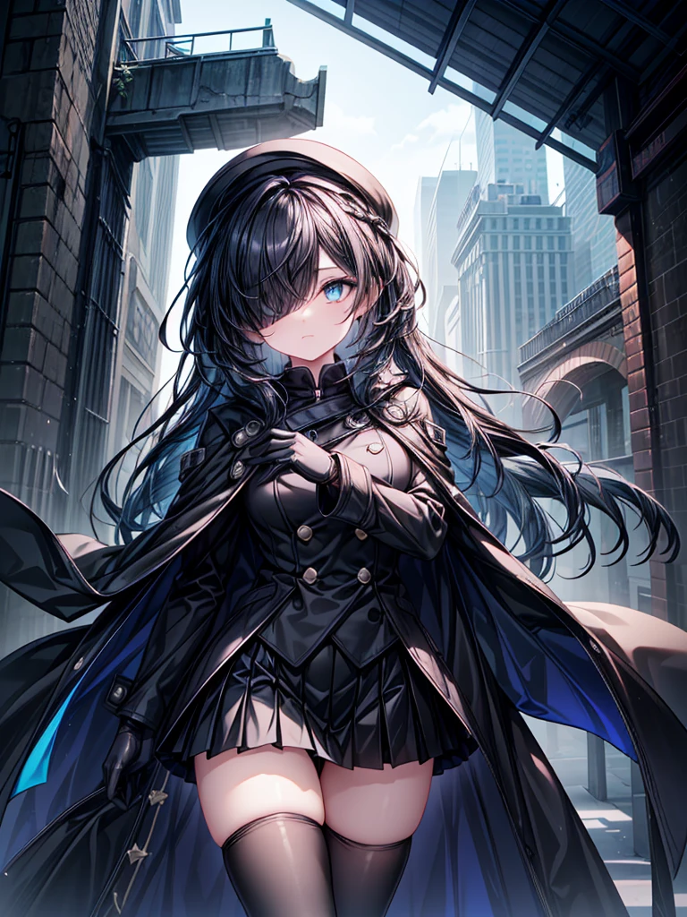 ((Oriental Project)),((masterpiece)),((leaning forward)),((Highest quality)),((Fascinating)),((alone)),((Deep blue pupils)),((Looking up at the night view from the top of the hill)),((Beautiful Blue Eyes)),((Wearing a black coat)),((Black mini skirt)),(((Wearing black tights))),((Slim body)),((length, Shiny black hair)),((Her left eye is completely hidden by her bangs)),((Her hair is parted, and you can see her eyes through it)),((Wearing black gloves)),((hair over one eye,long hair)),((Ruthless)),((Complex background)),((Hair blowing in the wind))