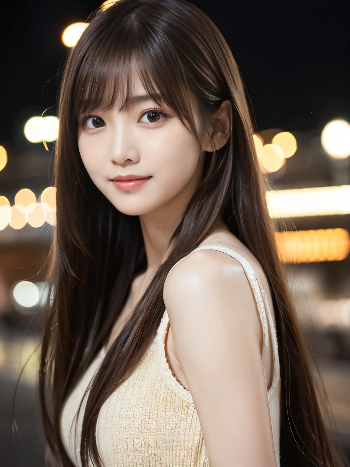 masterpiece、1 beautiful girl、delicate eyes、puffy eyes、top quality, 超High resolution, (facticity: 1.4), movie lighting、Japanese、Asian Beauty、Super beautiful、beautiful skin、A slender one、body facing forward、(surreal)、(High resolution)、(8k)、(Very detailed)、(beautiful delicate eyes)、(Super detailed)、 (wall-)、a delicate face、Bright lights、professional lighting、looking at the audience、Face straight ahead、(Clothing is a knitted dress)、long hair, Messy hair, Asymmetric bangs, 、Night view、brown hair、Japan idle、Korean idol、Posing a gravure idol、、21 years old、High target, Smile, park scene、