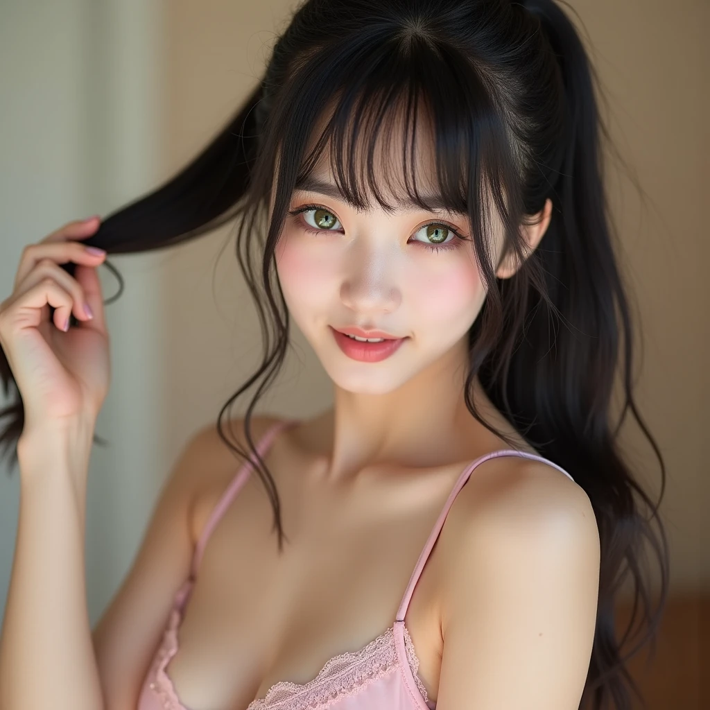 raw photo of a cute 18-year-old japanese girl with black long hair and bang between eyes, Cute idol high school girl,cute 18 year old gravure idol, j-pop idol style, Very beautiful sexy light red ponytail hair, breasts exposed, pink, cat green big eyes, Highly detailed, 25 years old, slim, full body, innocent face, naturally wavy hair, full body, High resolution, Masterpiece, best quality, intricate high detail, Highly detailed, Sharp focus, Detailed skin, realistic skin texture, texture, detailed eyes, professional, 4k, Charming smile, shot with canon, 85mm, slight depth of field, Kodak color vision, Body in perfect shape, extremely detailed, photographer_\\( ultra \\), photographerrealistic, realistic, Post-processing, maximum details, roughness, real life, ultrarealistic, photorealism, photography, 8k hd, Netstockings,stands in a seductive pose for the camera inside her bedroom, playing with her hair, a 18 year old girl wearing Lace Embellished Bustier lingerie,