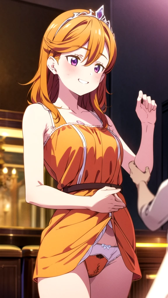 beauty smile blush Embarrassed Fluffy orange dress tiara Orange underwear Female organ Thick pubic hair Slender body Live Performance Venues