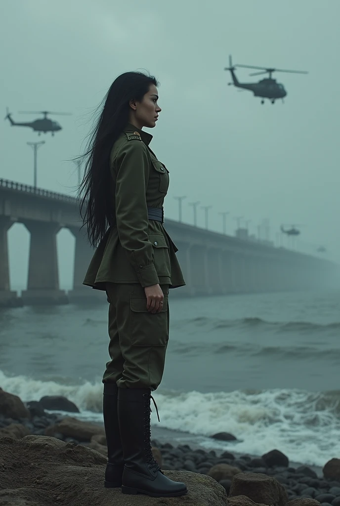 A 30-year-old woman with long black hair wearing military uniform.,Boots, trousers,high-heel boots,full-body shot,side,War Background,seaside,Iron bridge, Helicopters,Dark clouds sky,Science Fiction, dark的心情, full-body shot片,War atmosphere,Excellent detail,full-body shot片,Film Style,Soviet era,dark,Depressing atmosphere,Foggy day