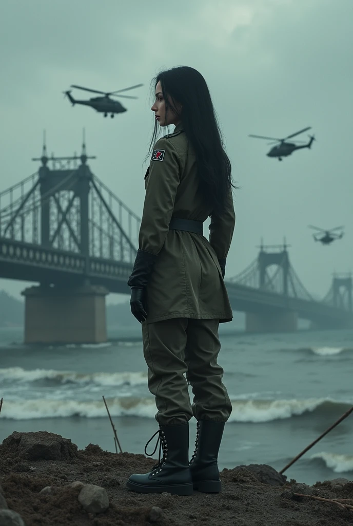 A 30-year-old woman with long black hair wearing military uniform.,Boots, trousers,high-heel boots,full-body shot,side,War Background,seaside,Iron bridge, Helicopters,Dark clouds sky,Science Fiction, dark的心情, full-body shot片,War atmosphere,Excellent detail,full-body shot片,Film Style,Soviet era,dark,Depressing atmosphere,Foggy day