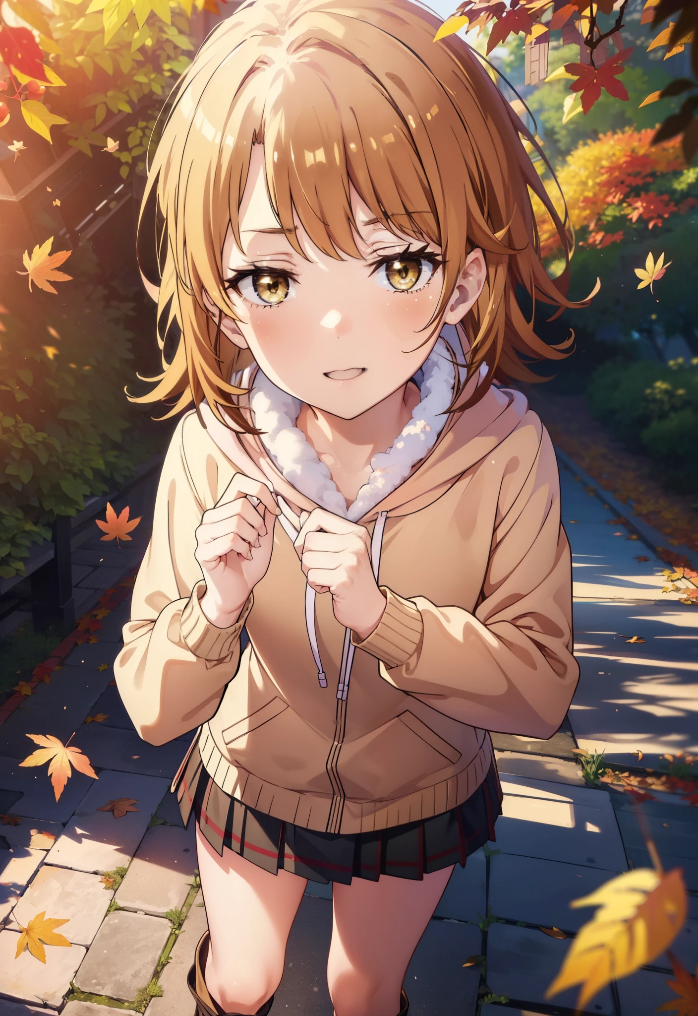 Irohaisshiki, isshiki iroha, short hair, Brown Hair, (Brown eyes:1.5), happy smile, smile, Open your mouth,Pink oversized hoodie,mini skirt,Black knee socks,short boots,Flower Hair Ornaments,autumn leaves,autumn leavesが散っている,Walking,moonlight,night,whole bodyがイラストに入るように、
break outdoors, garden,
break looking at viewer,whole body,
break (masterpiece:1.2), Highest quality, High resolution, unity 8k wallpaper, (figure:0.8), (Beautiful attention to detail:1.6), Highly detailed face, Perfect lighting, Highly detailed CG, (Perfect hands, Perfect Anatomy),