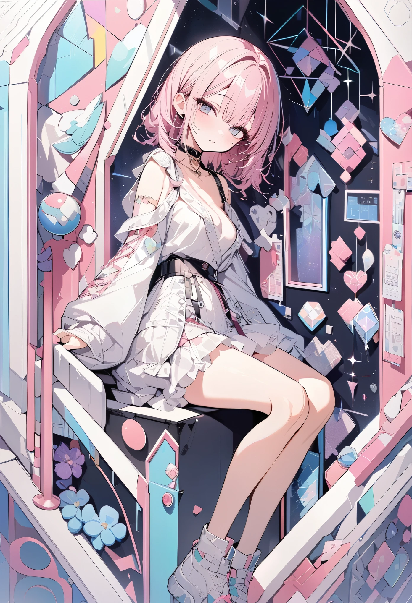 ,beautiful flower々),Mole under the eye, Heart-shaped choker, (masterpiece, Highest quality), Official Art, beautifully、aesthetic: 1.2), (1 girl), Very detailed, (Geometry Art: 1.3), colorful、Pink Bob Hair、 whole body