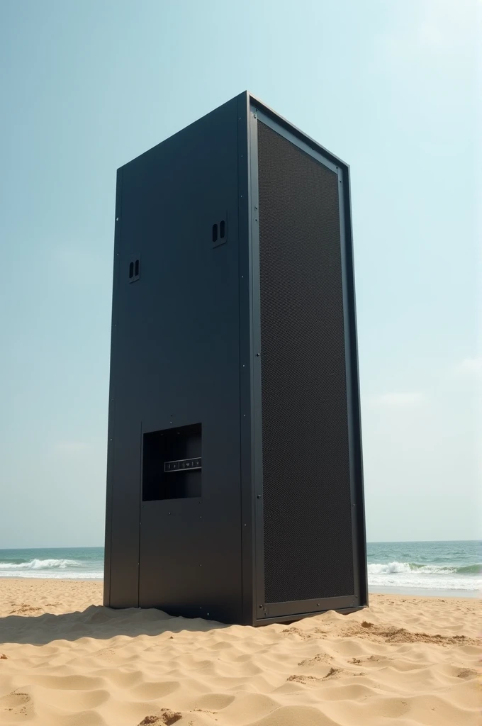 A large speaker stacked on the sandy beach