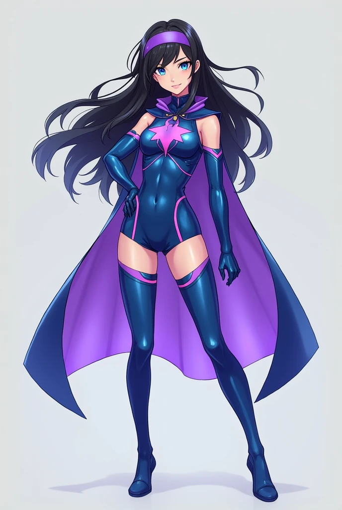 A girl with black hair Heroine, with light blue eyes, white, her costume is blue and violet, without a cape, a headband is described by her power of telepathy and passing through walls the character must be. Created full body 