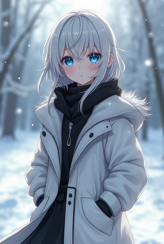 cheered up,change ,whole body, by the width, for white, blue eyes, black and white clothes, low snowy place in the background