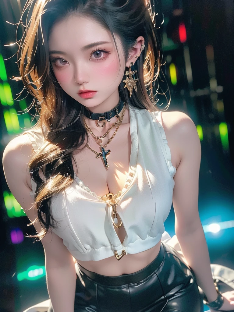 最high quality, 8K, masterpiece: 1.3, Ultra HD, high quality, 最high quality, High resolution, realism)) 、slender、slenderだがアスリートのような細マッチョ、I don't want my head to disappear from the screen.、Wear accessories on your wrist、Wearing red nail polish、I have a peticure、aerial perspective((atmospheric perspective))、smile((smiley))、background blur((depth of field)、Wear a sheer, one-shoulder top、Wear low rise skinny jeans、Wear stiletto heels、have a clutch bag、City center background、crystal earrings((crystal earrings))、Long hair in a net((low-braided long hair))、Hair behind ears((hair behind ear))、white woman、brunette、blue eyes、hair band((hair ribbon))、tareme
