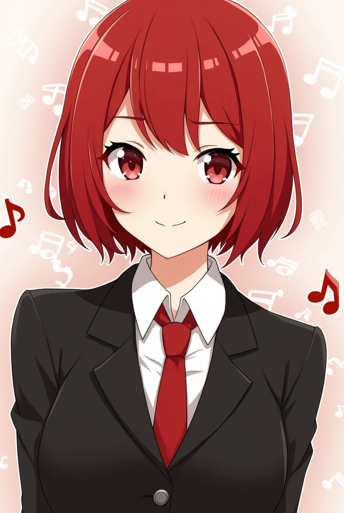 girl, 20-year-old, Redhead, Chiban, Red colored 目, Black Suit, musical notes on the background, short hair, Close ~ eyes, Wicked Smile
