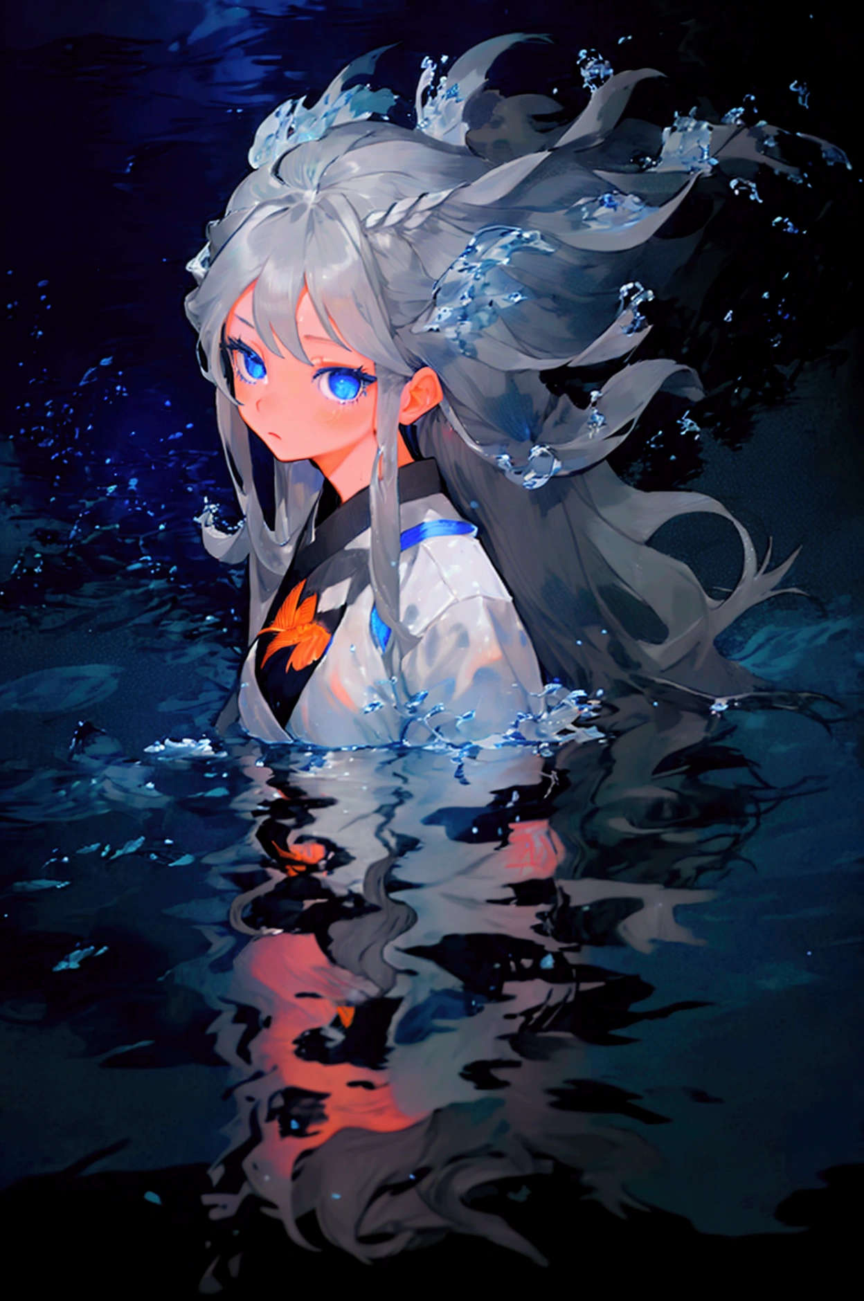 (One-way flight), (best quality), Very detailed, 1 girl, Full Body Portrait, perfect face, beautiful girl, Very detailed顔,(long gray hair:1.5),(blue eyes:1.4),(flowing hair:1.4),(In the water:1.4),seabed,A school of fish,Light,Sea Urchin,Seaweed,Red Fish,Yellow Fish,deep sea,fantasy,pregnant,big belly,Big round breasts