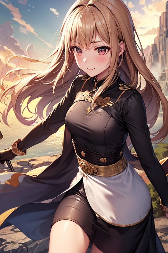 best quality, 8k , super fine illustration, extremely detailed CG ,masterpiece,
beautiful anime style woman ,25 years old
Smile, blush, medium breasts, Semi-long hair、Blonde、Valkyrie Dress、gloves、Black costume、(Outdoor、Thundercloud:1.2、On the Cliff:1.2),sword、長いsword、(光のsword:1.3)、Carrying a weapon、Battle aura cowboy shot ,
telephoto lens,
slow shutter speed
,,
(pure color scene),
(best shadow),
,,
(natural light),
,,
(natural reflection),
