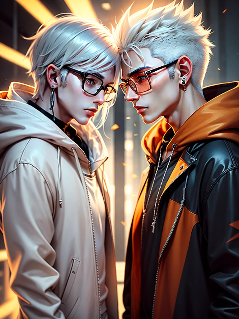 a side view of boy with white hair and glasses, in the style of yoshihiryamada, light orange and dark amber, anime-inspired portraits, earrings, jewelry, white hair, male focus, glasses, hood, hood down, profile, short hair, red eyes, hoodie, jacket, close-up shot, cool-toned sterile colors, long exposure, sci-fi, pt7700323