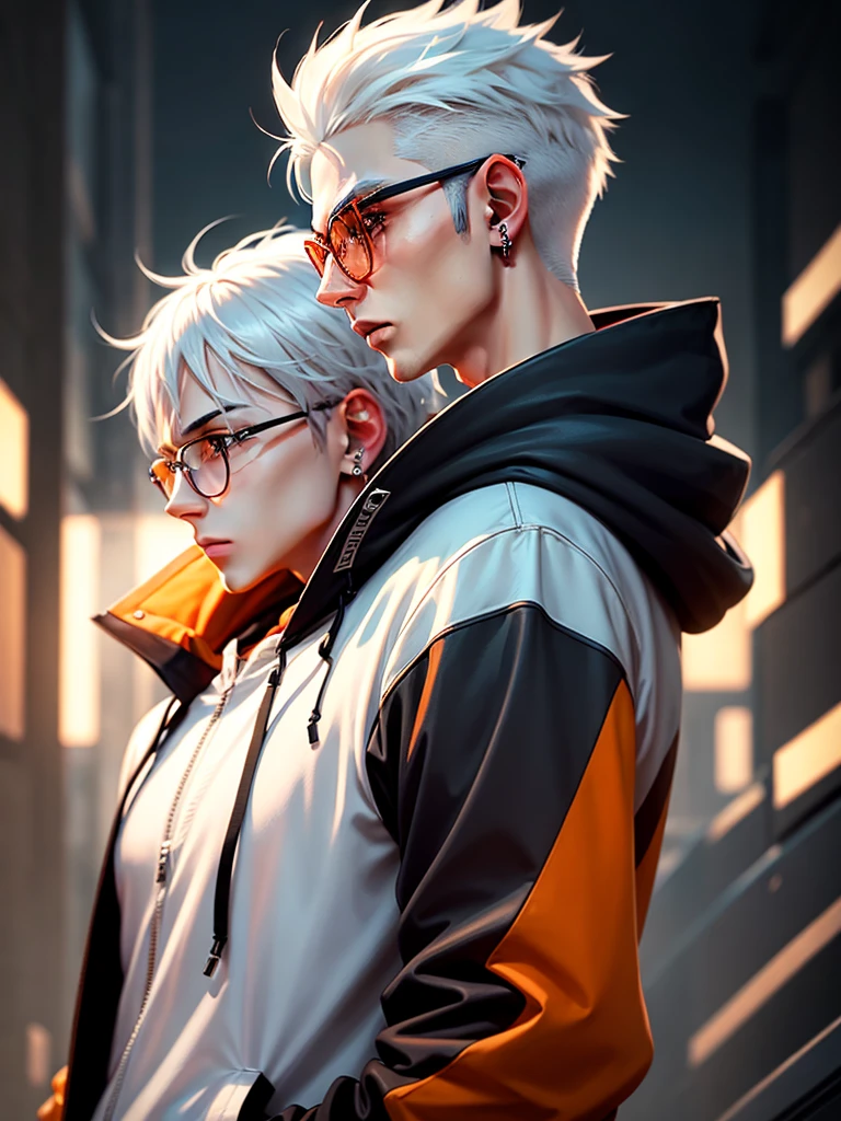 a side view of boy with white hair and glasses, in the style of yoshihiryamada, light orange and dark amber, anime-inspired portraits, earrings, jewelry, white hair, male focus, glasses, hood, hood down, profile, short hair, red eyes, hoodie, jacket, close-up shot, cool-toned sterile colors, long exposure, sci-fi, pt7700323