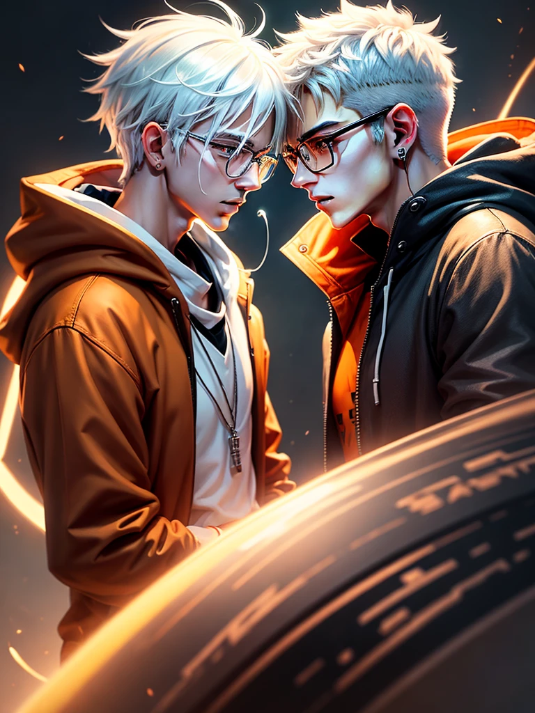 a side view of boy with white hair and glasses, in the style of yoshihiryamada, light orange and dark amber, anime-inspired portraits, earrings, jewelry, white hair, male focus, glasses, hood, hood down, profile, short hair, red eyes, hoodie, jacket, close-up shot, cool-toned sterile colors, long exposure, sci-fi, pt7700323