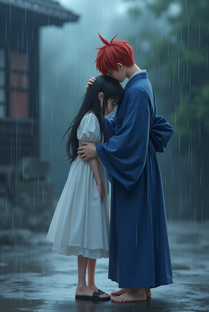 A girl is crying in standing position and her head is down and she is wearing a white dress frock till knee length and she have a long hair and a boy who wearing a japnese traditional dress blue and have a red wolf haircut try to comfort her . A boy hand is on the head of girl and he try to comfort her . Their is raining 