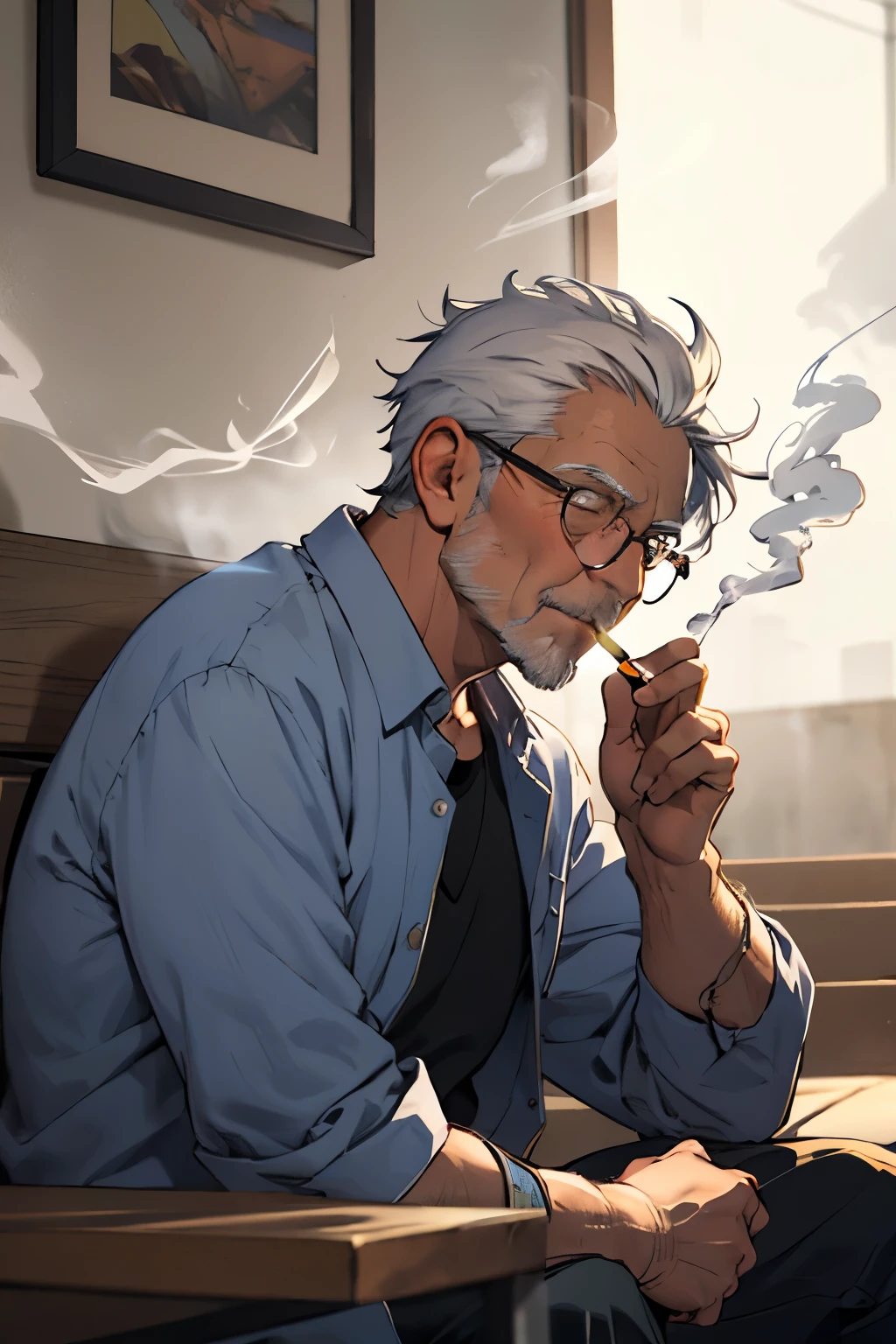 An old man wearing glasses is smoking a smoky cigarette
