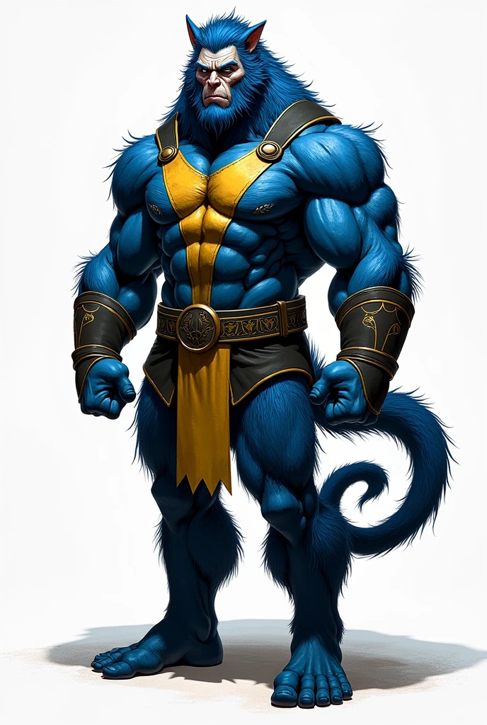A realistic image of the X-Men Beast, super giant, super muscular, with muscular arms, broadshouldered, giant toned physique, blue colored eyes, one tail, super furry blue fur, blue fur, wearing glasses, wearing yellow and black medieval armor, with veins bulging, barefoot, seen in profile