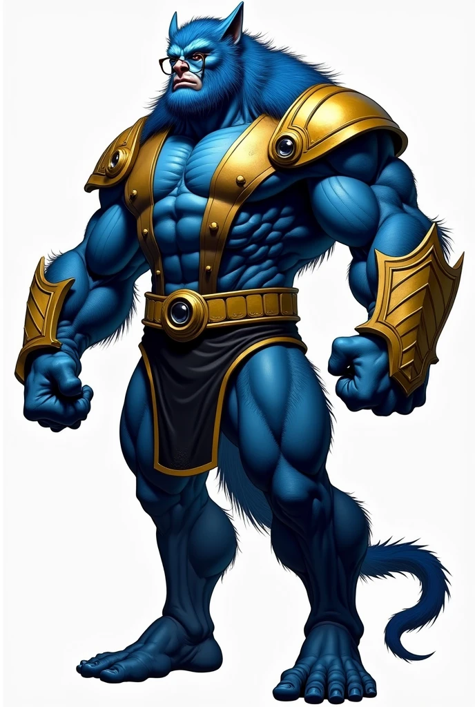 A realistic image of the X-Men Beast, super giant, super muscular, with muscular arms, broadshouldered, giant toned physique, blue colored eyes, one tail, super furry blue fur, blue fur, wearing glasses, wearing yellow and black medieval armor, with veins bulging, barefoot, seen in profile