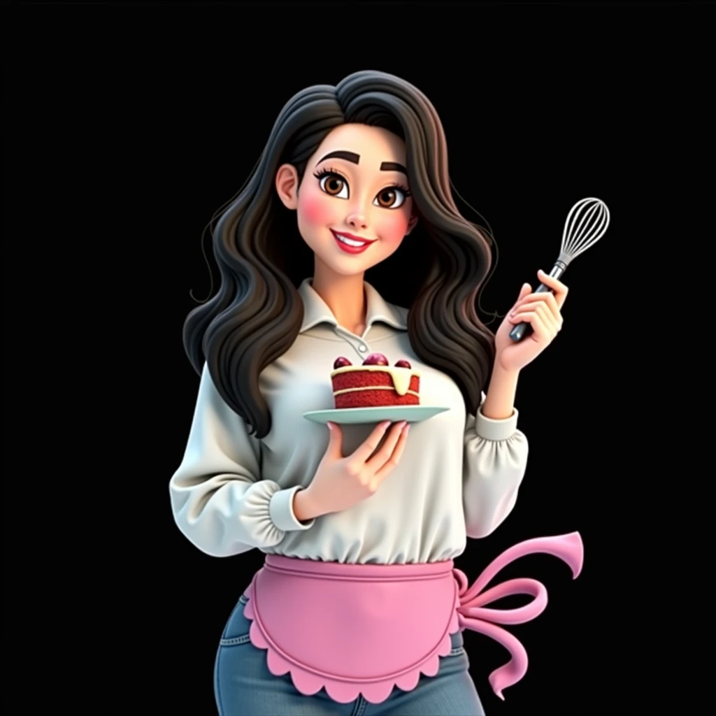 Cartoon character of a stylish woman in a pink apron, happy, black wavy hair, lined eyes,in his left hand he is holding a whisk and in his right hand he is holding a cake, an animated character, stylized character, animation style rendering, 3d stylized, Arnold Maya rendering, Stylized 3D rendering, toon render screenshot, 3d character, 3d character, Stylized 3D rendering, 3D character rendering, cartoon character, Personagem de close up, character posing, (Pixar-style) (master part:1.2) (bokeh) (best qualityer) (skin detailed) (detailed texture) (8k) (Argilla) (cinematic lighting) (sharp focus,Sit down and lift your upper body