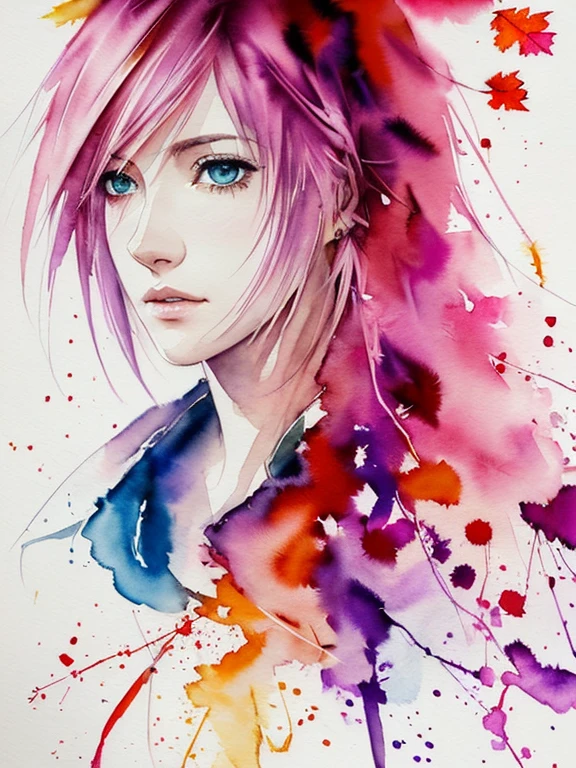 (((Agnes Cecile:1.3, watercolor))), breathtaking beauty, precise lineart, glowing design, ink drops, Final Fantasy XIII Character Lightning (Claire Farron), centered, key visual, intricate, highly detailed, breathtaking beauty, precise lineart:1.1, vibrant, comprehensive cinematic, ((Carne Griffiths, Conrad Roset)), autumn lights, (the most beautiful portrait in the world:1.5), (masterpiece:1.3, best quality:1.3),