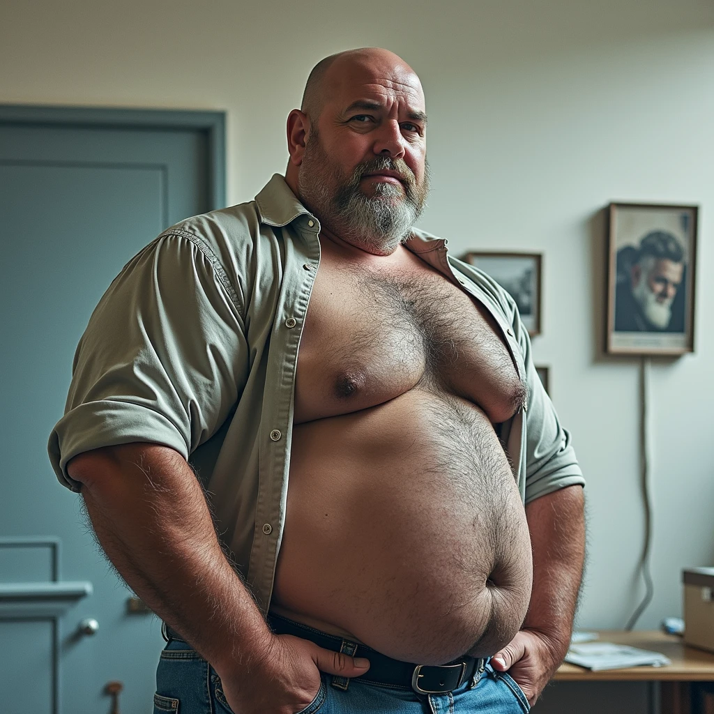 full figure shot photography of an italian strong massive big muscle chubby 50 year old man with bald head , big cock , hairy chest and fat belly ,unbuttoned shirt, short beard, shirtless, printer in an old printing house, next to a huge old printer, dim light, side lights 