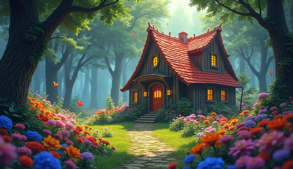 fantastic forest, fairies, flowers of a thousand colors. saturated color, pixar style forest house