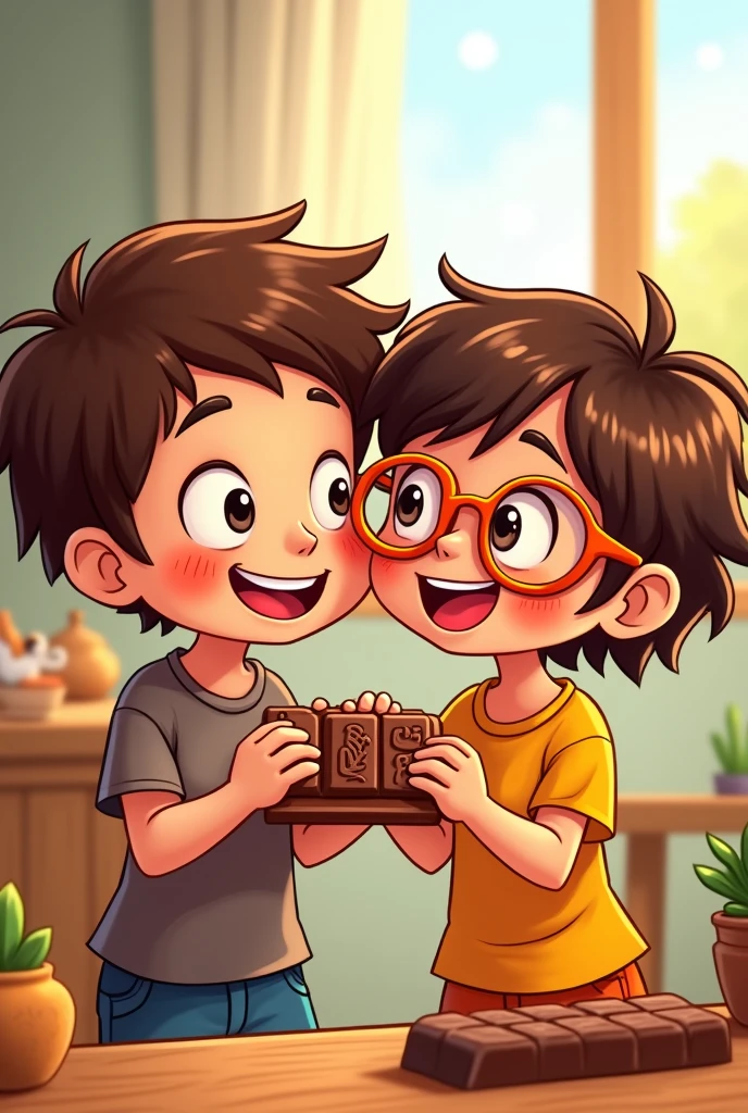 Cartoon of a boy and a brunette with orange glasses and holding a chocolate bar from chocoSol