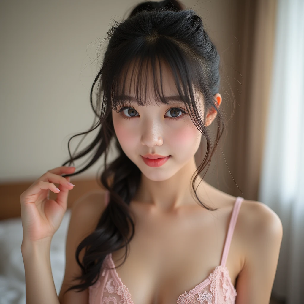 raw photo of a cute 18-year-old japanese girl with black long hair and bang between eyes, Cute idol high school girl,cute 18 year old gravure idol, j-pop idol style, Very beautiful sexy light red ponytail hair, breasts exposed, pink, cat green big eyes, Highly detailed, 25 years old, slim, full body, innocent face, naturally wavy hair, full body, High resolution, Masterpiece, best quality, intricate high detail, Highly detailed, Sharp focus, Detailed skin, realistic skin texture, texture, detailed eyes, professional, 4k, Charming smile, shot with canon, 85mm, slight depth of field, Kodak color vision, Body in perfect shape, extremely detailed, photographer_\\( ultra \\), photographerrealistic, realistic, Post-processing, maximum details, roughness, real life, ultrarealistic, photorealism, photography, 8k hd, Netstockings,stands in a seductive pose for the camera inside her bedroom, playing with her hair, a 18 year old girl wearing Lace Embellished Bustier lingerie,