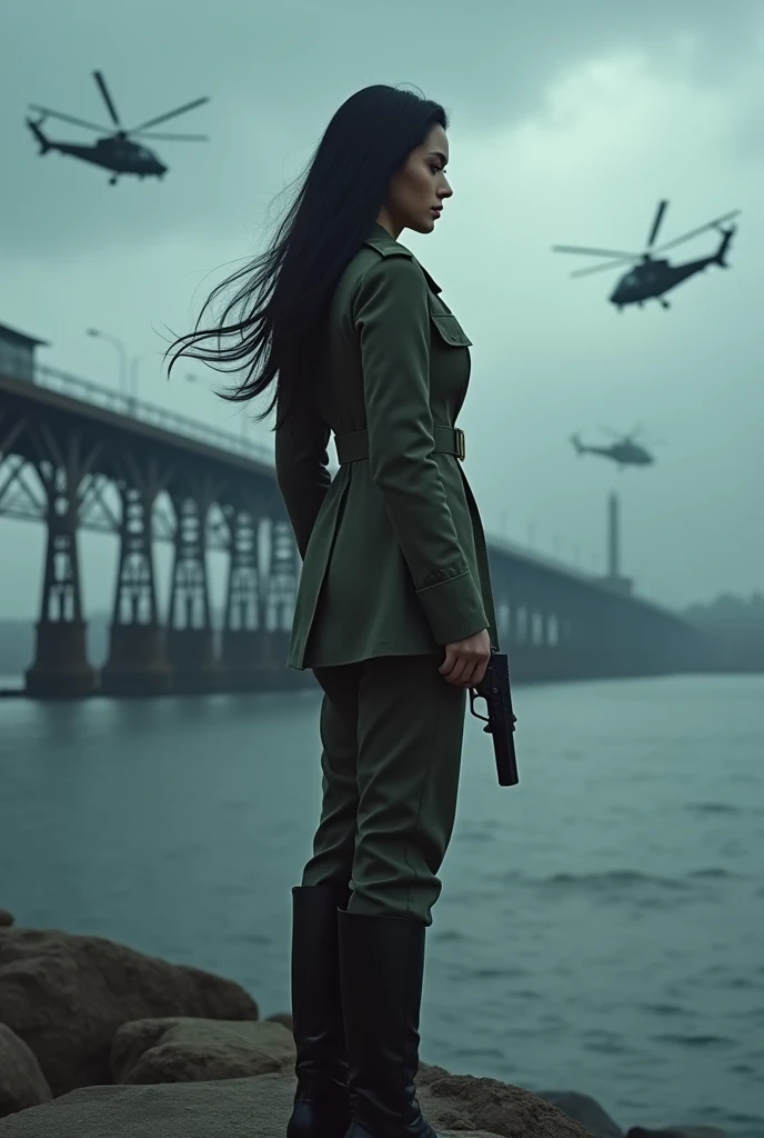 A 30-year-old woman with long black hair wearing military uniform.,Boots， trousers，high-heel boots，full-body shot，side，War Background，seaside，Iron bridge, Helicopters，Dark clouds sky，Science Fiction, dark的心情, full-body shot片，War atmosphere，Excellent detail，full-body shot片，Film Style，Soviet era，dark，Depressing atmosphere，In the wind and rain，Holding a pistol