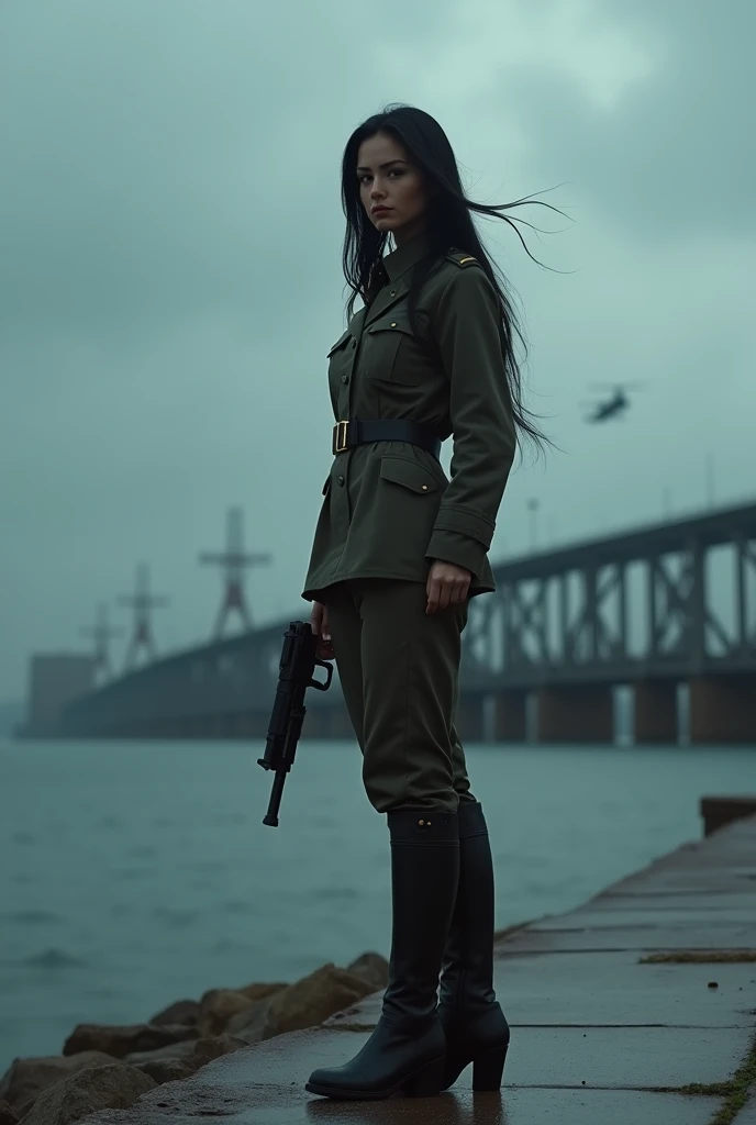 A 30-year-old woman with long black hair wearing military uniform.,Boots， trousers，high-heel boots，full-body shot，side，War Background，seaside，Iron bridge, Helicopters，Dark clouds sky，Science Fiction, dark的心情, full-body shot片，War atmosphere，Excellent detail，full-body shot片，Film Style，Soviet era，dark，Depressing atmosphere，In the wind and rain，Holding a pistol