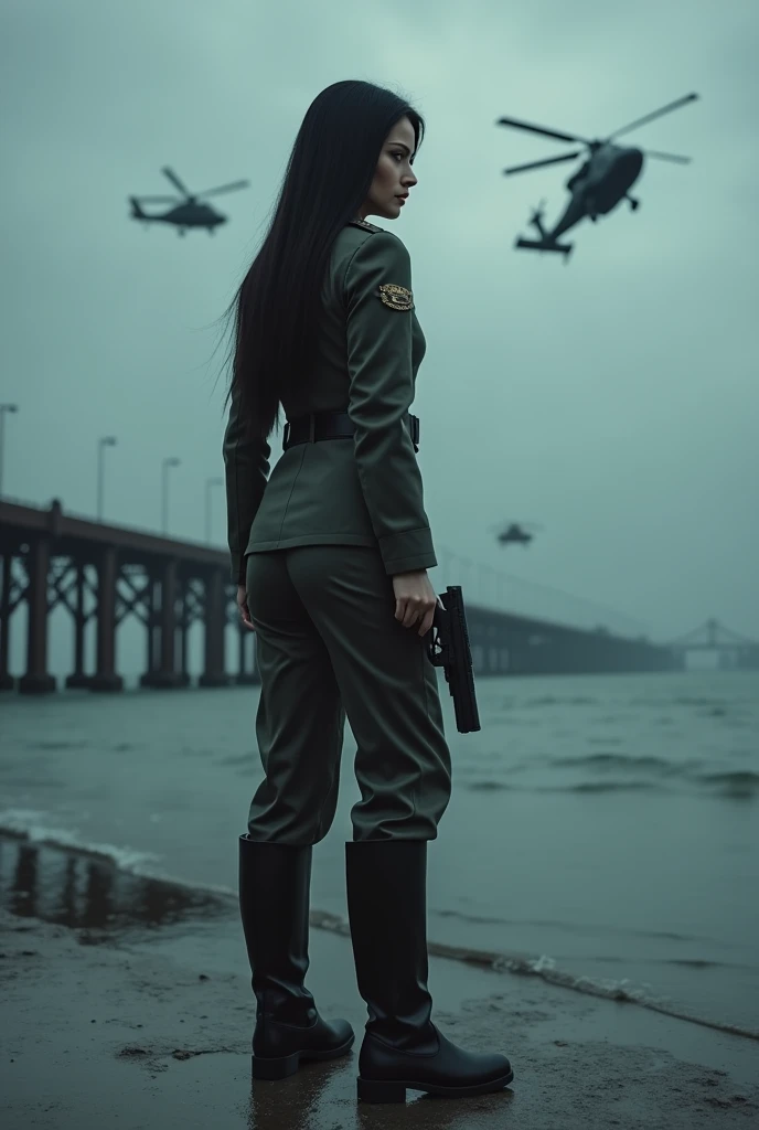 A 30-year-old woman with long black hair wearing military uniform.,Boots， trousers，high-heel boots，full-body shot，side，War Background，seaside，Iron bridge, Helicopters，Dark clouds sky，Science Fiction, dark的心情, full-body shot片，War atmosphere，Excellent detail，full-body shot片，Film Style，Soviet era，dark，Depressing atmosphere，In the wind and rain，Holding a pistol