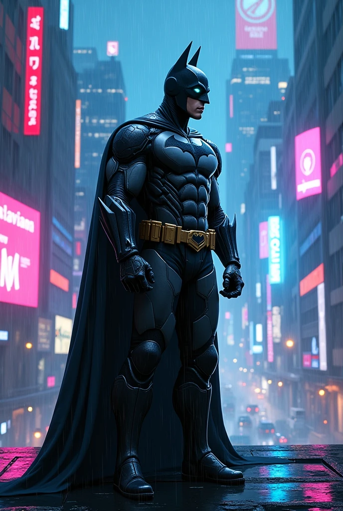 A futuristic Batman standing on a rooftop overlooking a neon-lit Gotham City at night. The city's skyline is filled with glowing neon signs and holographic billboards, casting vibrant hues of blue, pink, and purple across the dark, rainy atmosphere. Batman's suit is sleek and modern, with glowing neon accents, especially around the eyes, chest symbol, and gauntlets. The background should feature a digital cityscape with towering skyscrapers, neon streaks in the sky from flying vehicles, and a slight rain effect, reflecting the neon lights on the wet surfaces. The art style should blend digital realism with a cyberpunk aesthetic, emphasizing sharp lines and glowing elements.