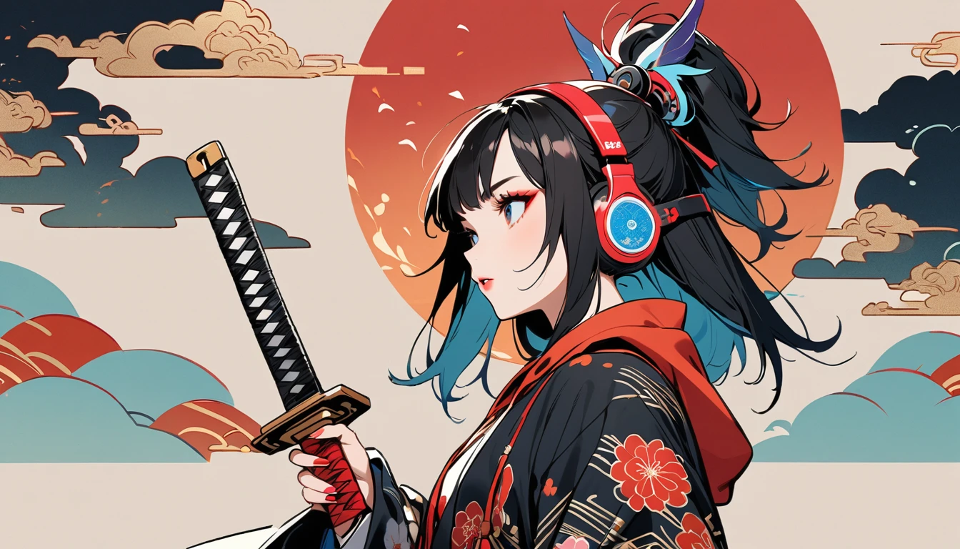 (((1 girl))), (((Flashy makeup))), (((Japanese style headphones))), (((Japanese pattern hoodie))), (((Japanese sword))), (((Female samurai))), Japanese beautiful girl, Black Hair, Delicate and precise, Modern ukiyo-e style, Japanese flag, red and blue neon