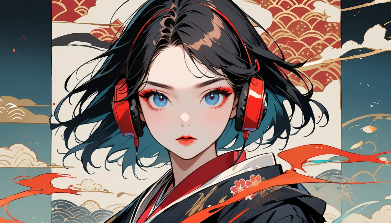 (((1 girl))), (((Flashy makeup))), (((Japanese style headphones))), (((Japanese pattern hoodie))), (((Japanese sword))), (((Female samurai))), Japanese beautiful girl, Black Hair, Delicate and precise, Modern ukiyo-e style, Japanese flag, red and blue neon